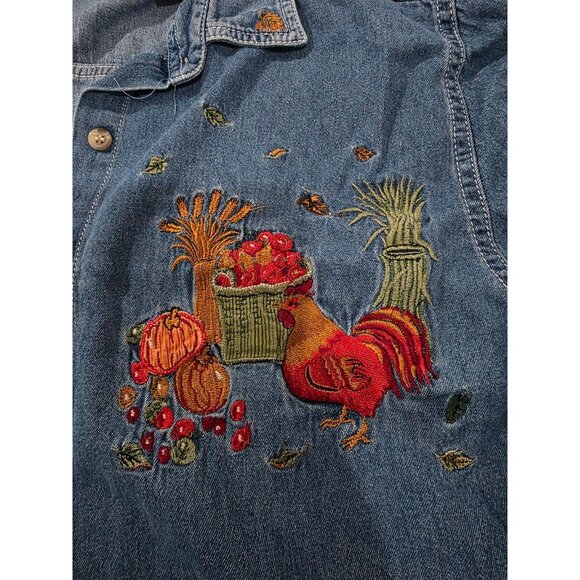 Ladies Vtg 90s Denim Shirt Size L Blue Jean Fall Rooster Garden Embroidered - Picture 3 of 5